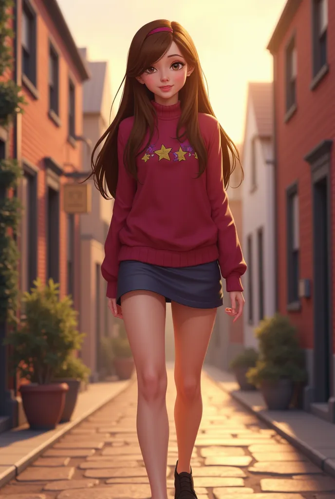 Mabel Pines, 1 girl , long brown hair, scene walking through the streets of the town with a very short skirt, frontal shot from below, realistic, realistic digital art, suspenseful look. Mabel Pines from the anime Gravity Falls, 3D, hyperrealistic, masterp...