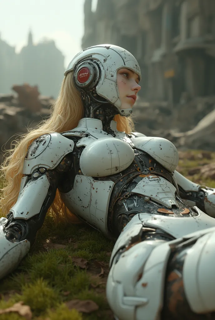 ((masterpiece, highest quality, Highest image quality, High resolution, photorealistic, Raw photo, 8K)), Abandoned robot soldier on battlefield, broken and immobile, rust and moss showing passage of time, female cyborg body, Blonde, female body, biomechani...