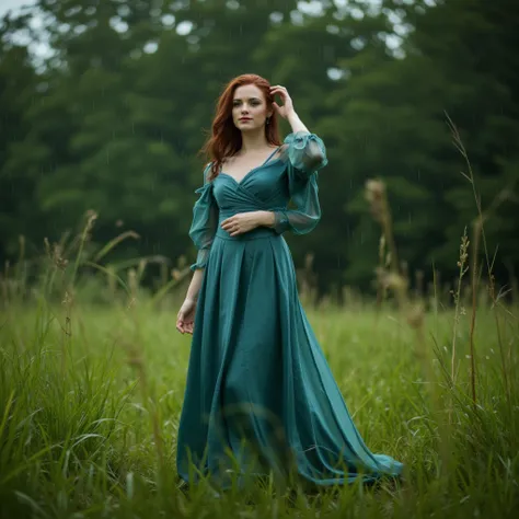 Create a hyper-realistic professional photograph of an 18-year-old woman with a curvy yet elegant physique, fair skin, and long, flowing red hair. She is wearing a stunning, floor-length satin gown in a rich teal-blue shade with thin straps and a subtle ne...