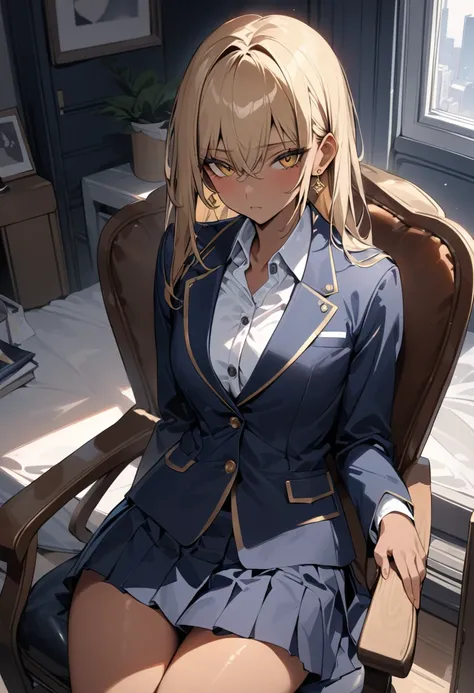 ((Greatest Masterpiece,super high quality:1.2)),(super resolution),(solo),cowboy shot,Slender high school girl sitting on a chair in her apartment, healthy tan skin , beautiful face, long golden hair,perfect golden eyes,stares, expressionless, high quality...