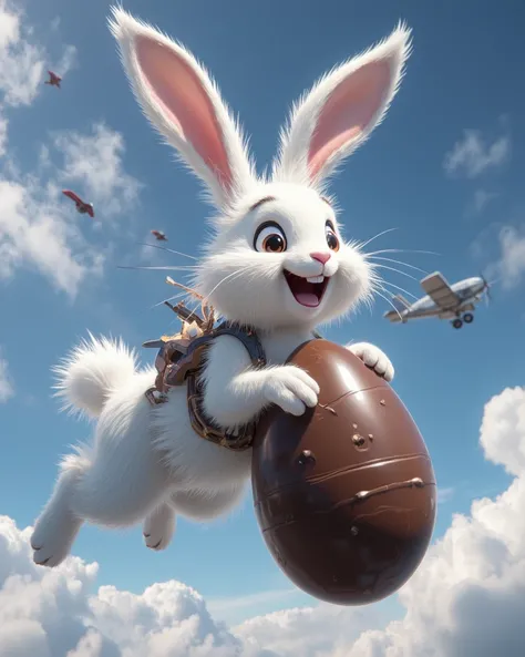 White rabbit, friendly and smiling: parachuting, holding a large chocolate egg, In the background a plane passing. Blue sky scenery with white clouds.