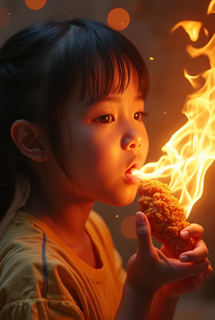 (masterpiece:1.2,Exceptional Quality,mirror-like,Cinematic Experience,Photorealistic:2.0,RAW Photos:2.0,Super detailed),8k,wallpaper, 1 girl and spicy fried chicken, cute face, holding a half-eaten piece of fried chicken, breathing flames out of her mouth,...