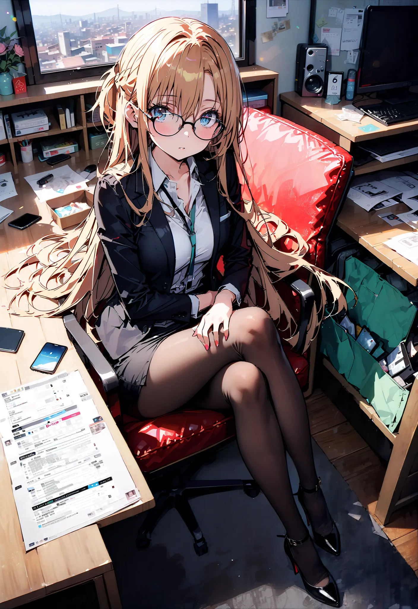  score_9,  score_8_up,  score_7_up,  source_anime, Asuna Yuki ,  long hair, Hair,brown eyes, bangs,Medium breast,,half updo, suit, pencil skirt,  jacket,  shirt,black pantyhose,Stiletto Heels,Glasses, sitting on a chair with legs crossed, Interior , comput...