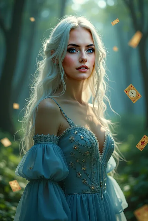 "A beautiful Instagram model with long white hair and green eyes stands in a glowing, enchanted forest. Her dress, a cascading masterpiece of deep blue and silver, shimmers under the moonlight. A pocket watch floats beside her, its hands spinning chaotical...