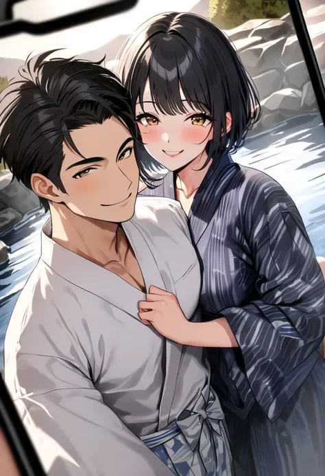 op quality, masterpiece, high definition, 8k, (1 girl 1 boy  ), sexy, (cowboy shot), (((Cell phone selfies))), (((Smiling couple))), Beautiful breasts,  beautiful feet, (Hakone Hot Springs), milf, ((( black hair short hair))), (((Hot springs and which yuka...