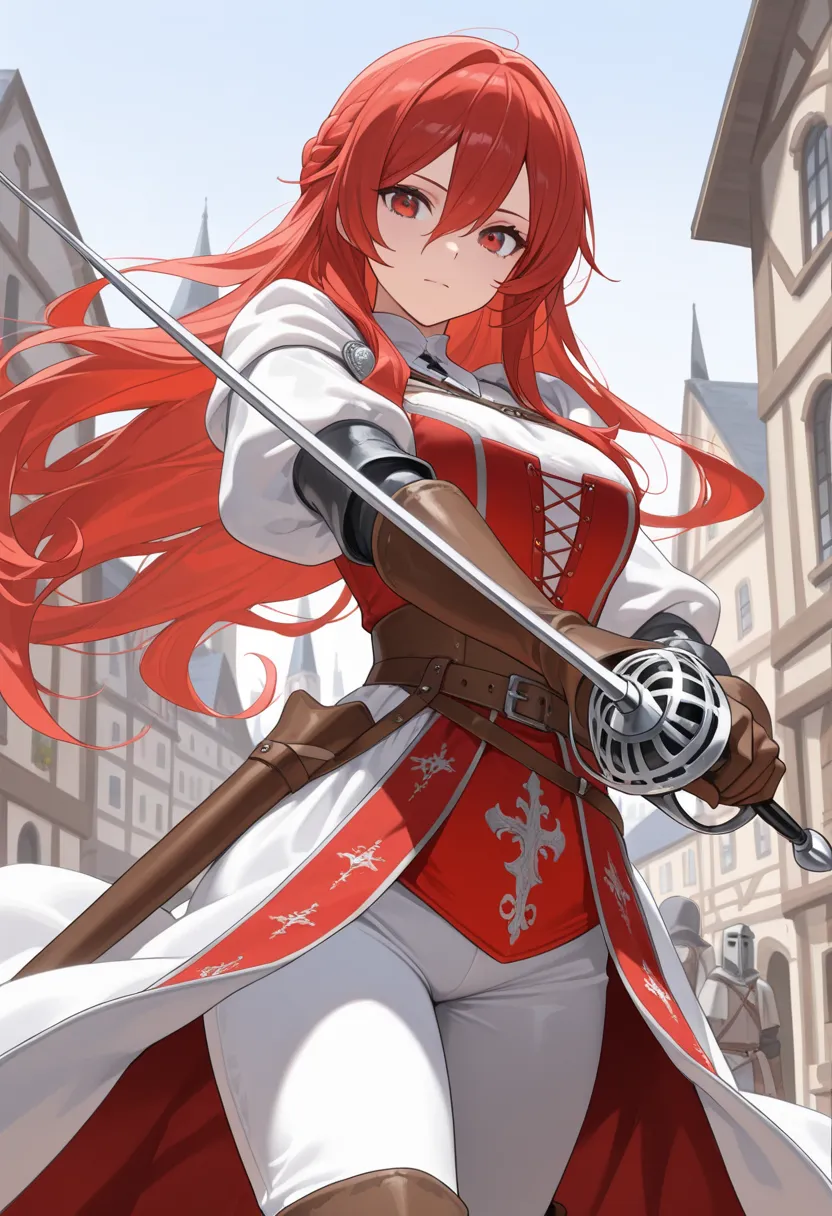 ((best quality)), ((masterpiece)), (detailed),  Woman, long red hair, red eyes, Medieval Dueslista costume,  holding a rapier ,city background
