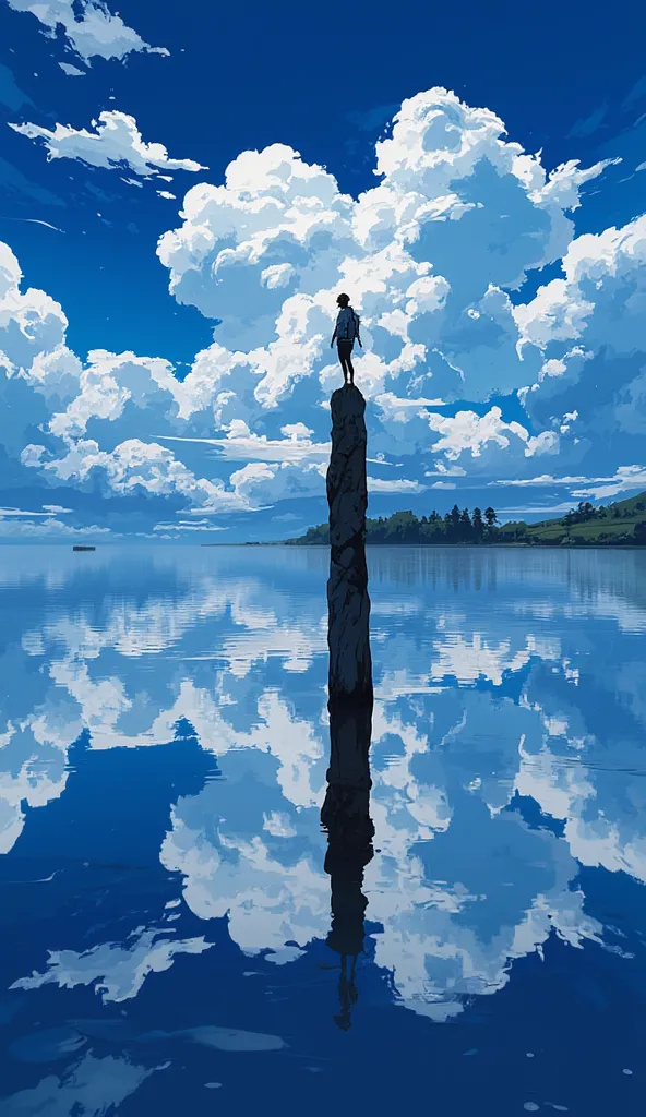 basto cielo!!!! Draw simple art in Tintinpixai style, a  on a hill with expanded sky crystal clear white clouds in the wide sky!!!!!! few clouds,The scene is serene and the person seems contemplative while looking at the clouds. (((The sky is a masterpiece...