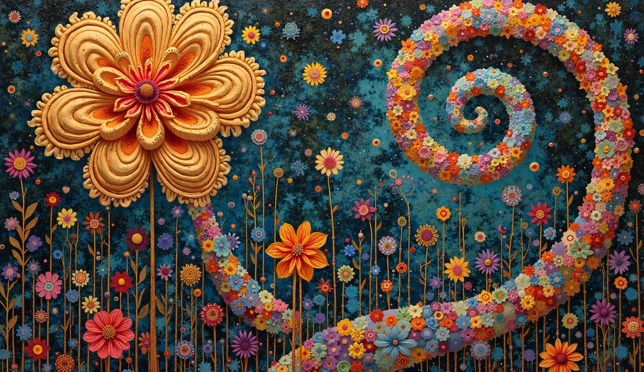 an oil painting of an enchanted garden with fibonacci patterned flowers by Gustav Klimt, hypnotic swirling mycelium network connecting colorful blooms in mathematical harmony, rich jewel-toned color palette with gold accents, dramatic chiaroscuro lighting ...