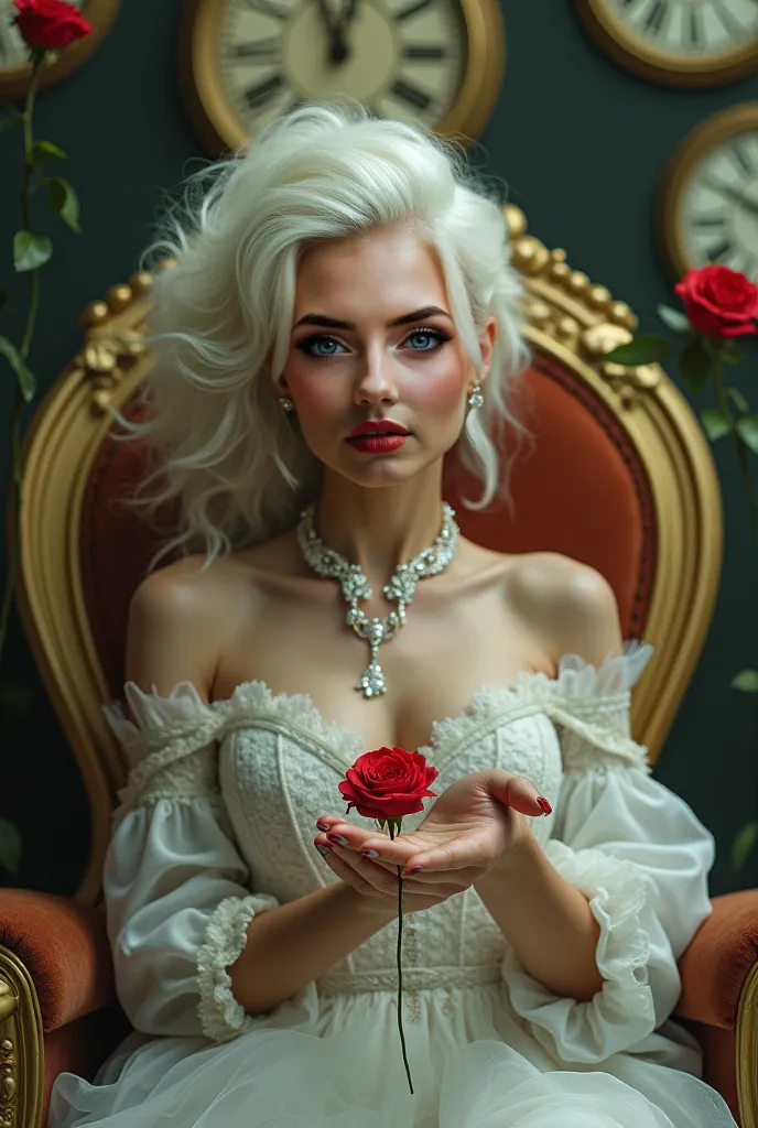 "A beautiful Instagram model with long white hair and green eyes sits on a golden throne surrounded by floating clocks, their hands ticking in reverse. She wears a diamond-encrusted mask, revealing only her piercing green eyes. A single red rose blooms fro...