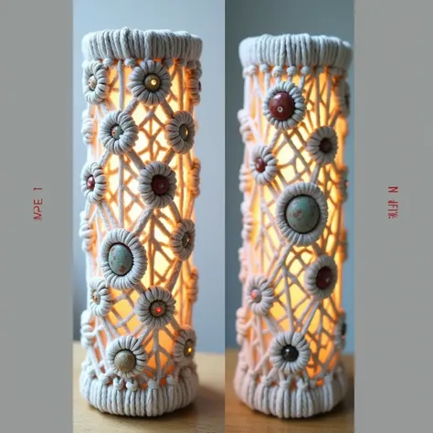 Generate a contemporary mixed of Macrame technique and ceramic,  lamp, intricate The table lamp features a cylindrical metal frame (8 inches in diameter, 16 inches in height) wrapped in macramé using various knotting techniques with distinct sizes and text...