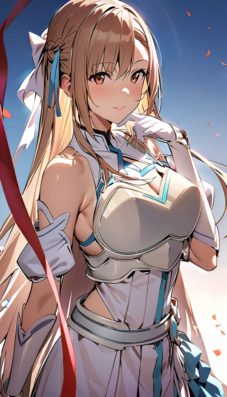 (( masterpiece)), TOP QUALITY, very well detailed,(one girl),Yuki Asuna、Asuna (Stay), brown eyes,  shoulder out, breastplate, armor, detachable sleeves,  gloves, white  gloves,  dress, (red and white  dress),  long hair,  background ,clothing, chest,