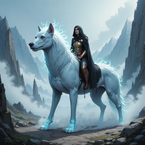 Elf riding a huge fog dog, mtg style