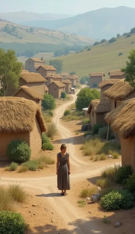 Landscape of a poor villager in the middle ages with few clay houses 