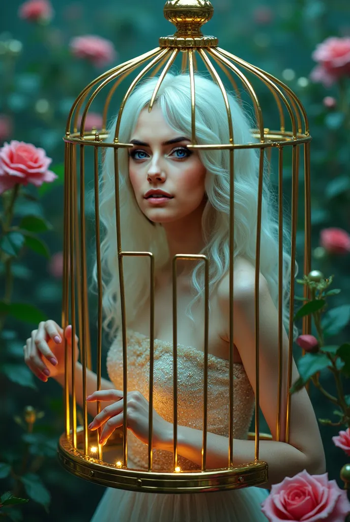 "A beautiful Instagram model with long white hair and green eyes is inside a gilded birdcage, suspended over an otherworldly garden where neon roses bloom in impossible colors. The cage door is open, but she stays inside, her fingers tracing the golden bar...