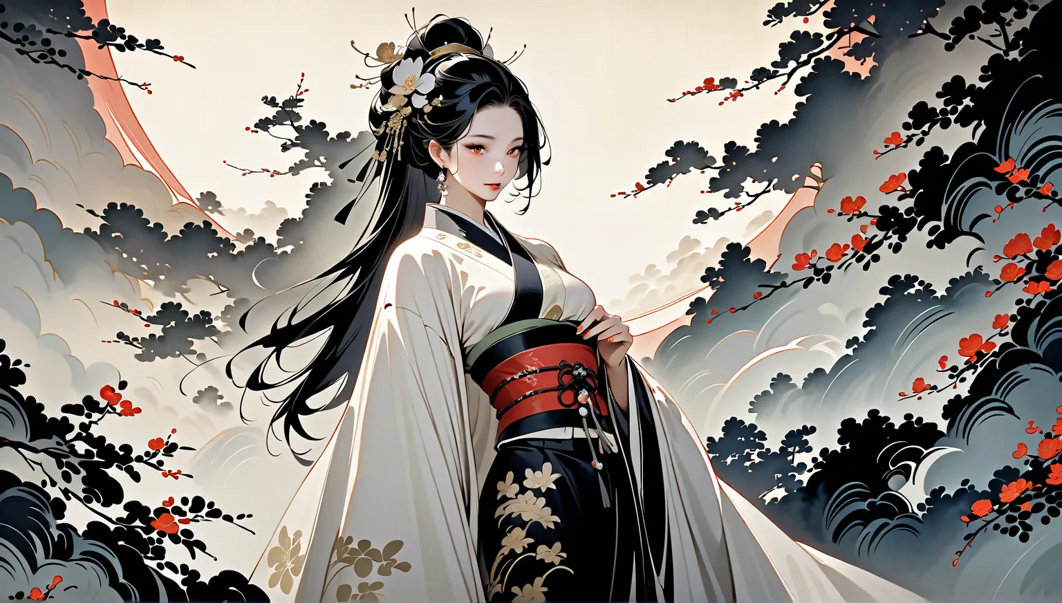 Ink Painting, Delicate and precise, Modern ukiyo-e style, mature, empress, alluring face, majestic