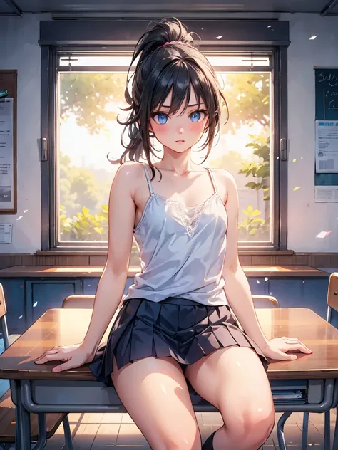   Cute high school student, camisole、1 girl, solo, high definition,  long hair,  blushes, ponytail, masterpiece, accurate, classroom、SMALLE BREASTS、 black hair、miniskirt