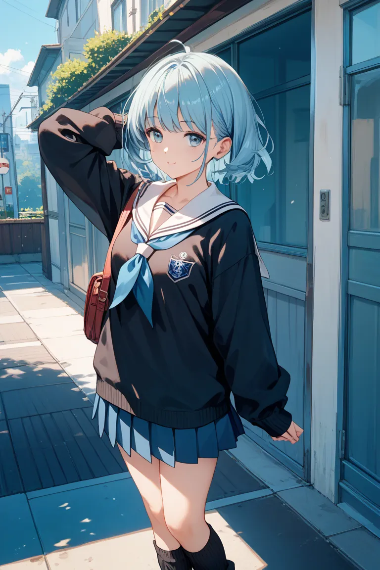 light blue hair shoulder length sailor suit high school girl loose socks black sweater sexy