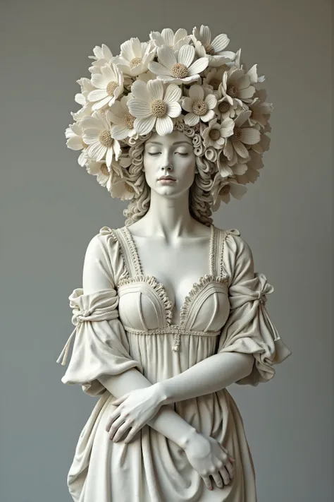 Surrealist art , dream-like, Plaster statue. Many coats of off white. Interior flat. Intricate, Mysterious, Provocative, symbolic, Complex, detailed, (Gothic but very beautiful:1.4), (masterpiece, highest quality:1.4) , A woman with many flowers blooming f...