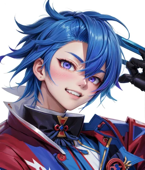 Close up shot of a person wearing blue hair and a red jacket, [[[[Laughing evilly]]]],  Trigger Anime Art Style , portrait gap moe yandere grim dark, Hajime Yatate, Genshin Impactのキャリング, yuya nagai, masamune shiro, Genshin Impact&#39;s Zhongli, ( wink)