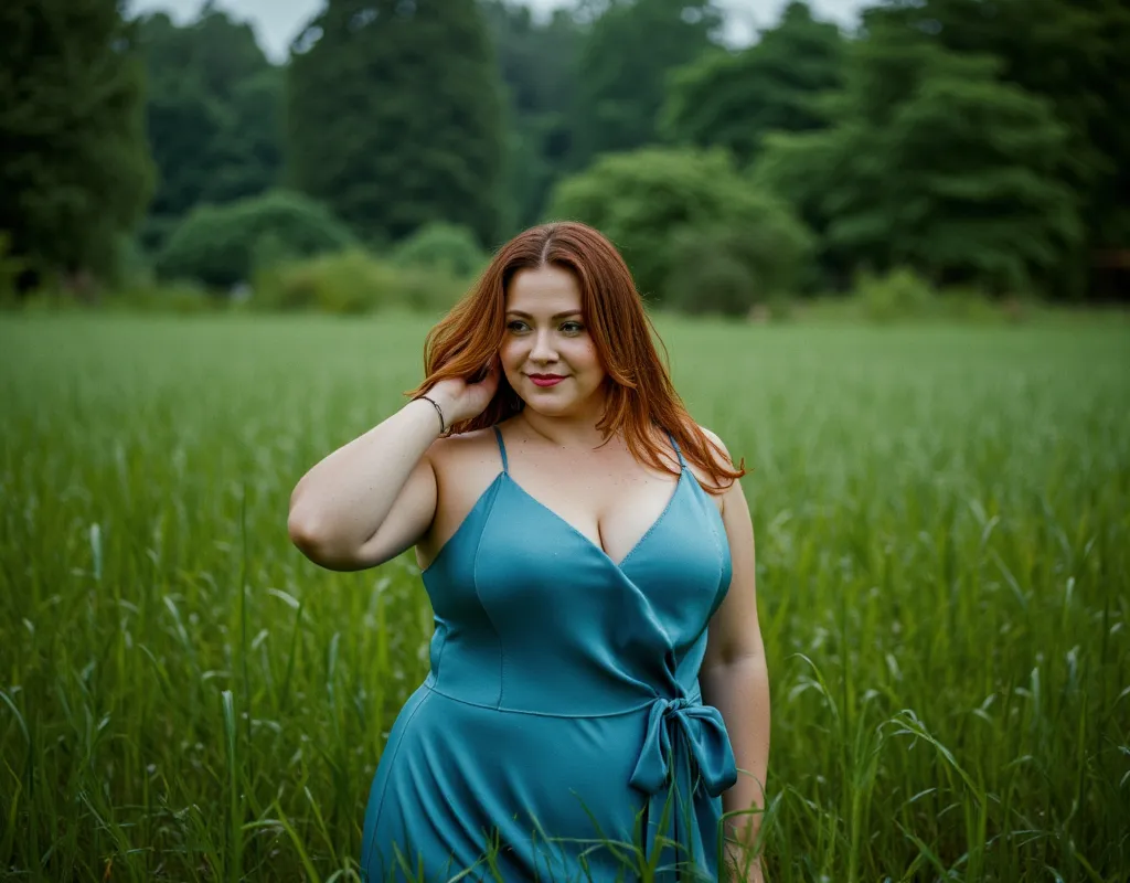 Create a hyper-realistic professional photograph of an 18-year-old woman with a curvy yet elegant physique, fair skin, and long, flowing red hair. She is wearing a stunning, floor-length satin gown in a rich teal-blue shade with thin straps and a subtle ne...