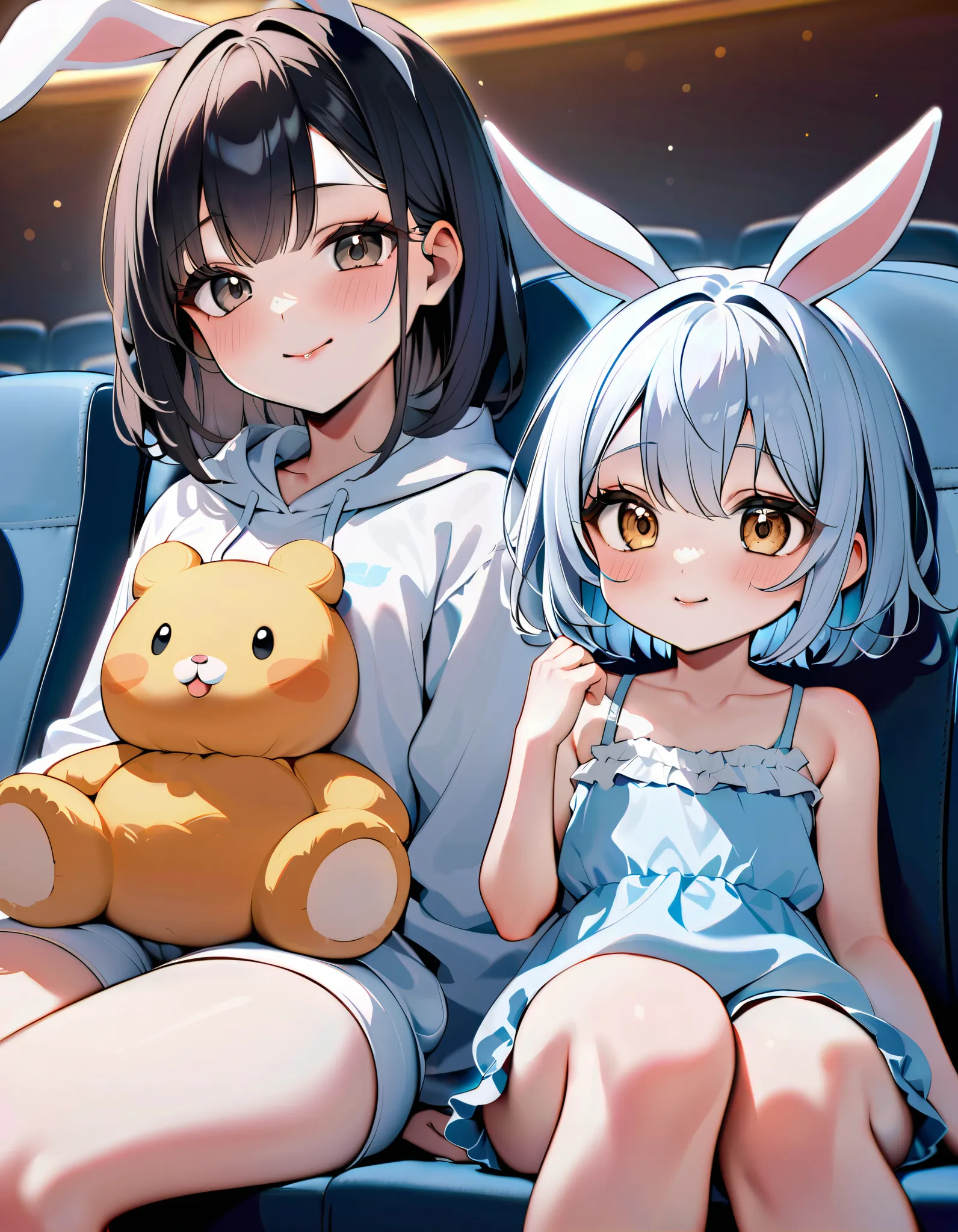 (In 8K, Best Quality, Master Piece:1.2), Ultra High Resolution,2 female,1 girl and 1 chibi,ultra-detailed face,detailed eyes, chibi has long white hair and blue half-closed eyes and pursed lips,white rabbit ears,the chibi wearing light blue romper,girl is ...