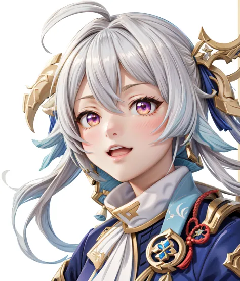 Enlarged photo of a person、wears long hair and a jacket,  Ayaka from Genshin Impact , Granblue Fantasy, girl in a portrait of a knight of the twelve constellations, [[[[gAlsoning evily]]]], Genshin Impactのキャリング, Portrait of a female knight , Also,  Charact...