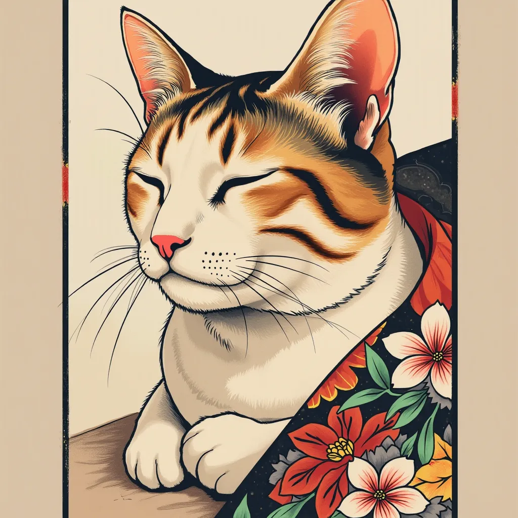 Generate a sketch of a cat with closed eyes using a Neo Japan-style photo in a tattoo color