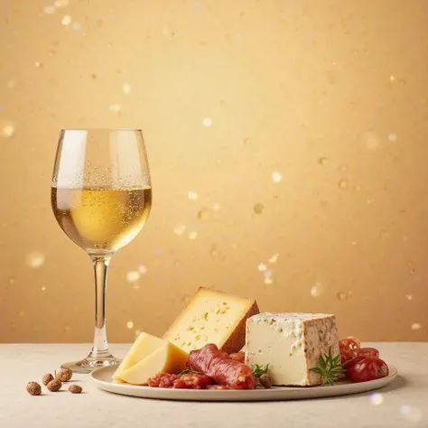 Une image d'un verre de vin blanc et assiette de fromage charcuterie pour une affiche happy hours, fond beige 