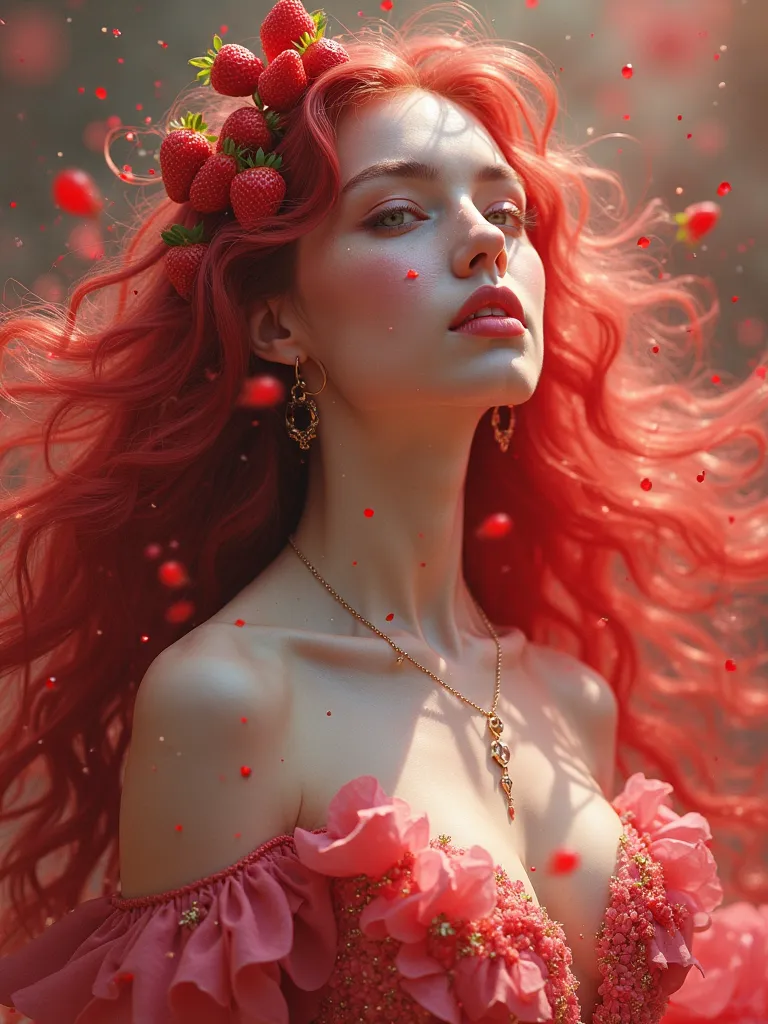 Strawberry goddess. flawless beauty.  artwork .  masterpiece . 4K image . Supernatural. Perception of reality. high quality . high definition 