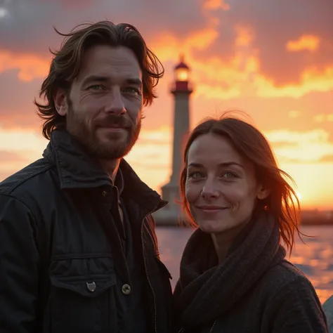 A highly realistic, cinematic-style image captures a young Caucasian man and woman standing near a towering lighthouse during a breathtaking sunset. The man, aged between 25 and 35, has a light beard, medium-length hair, and striking blue eyes. He wears a ...