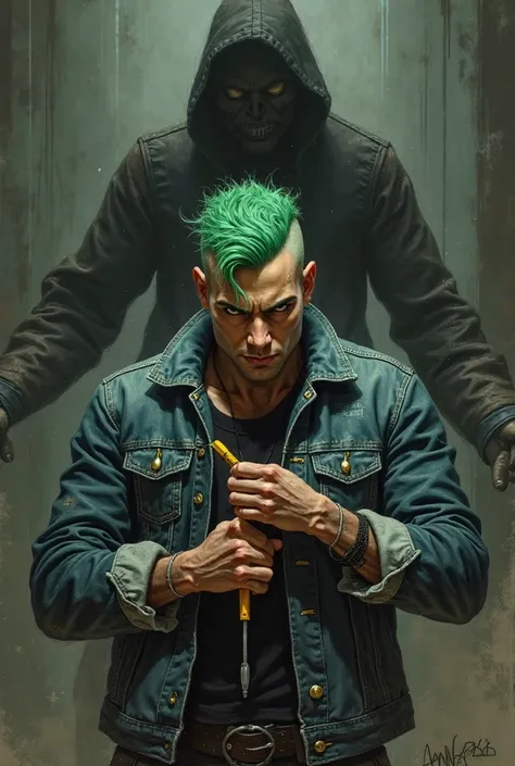 a half-shaved green-haired man with a denim jacket wrapped around his left hand defends himself against a dark shadow with a yellow screwdriver