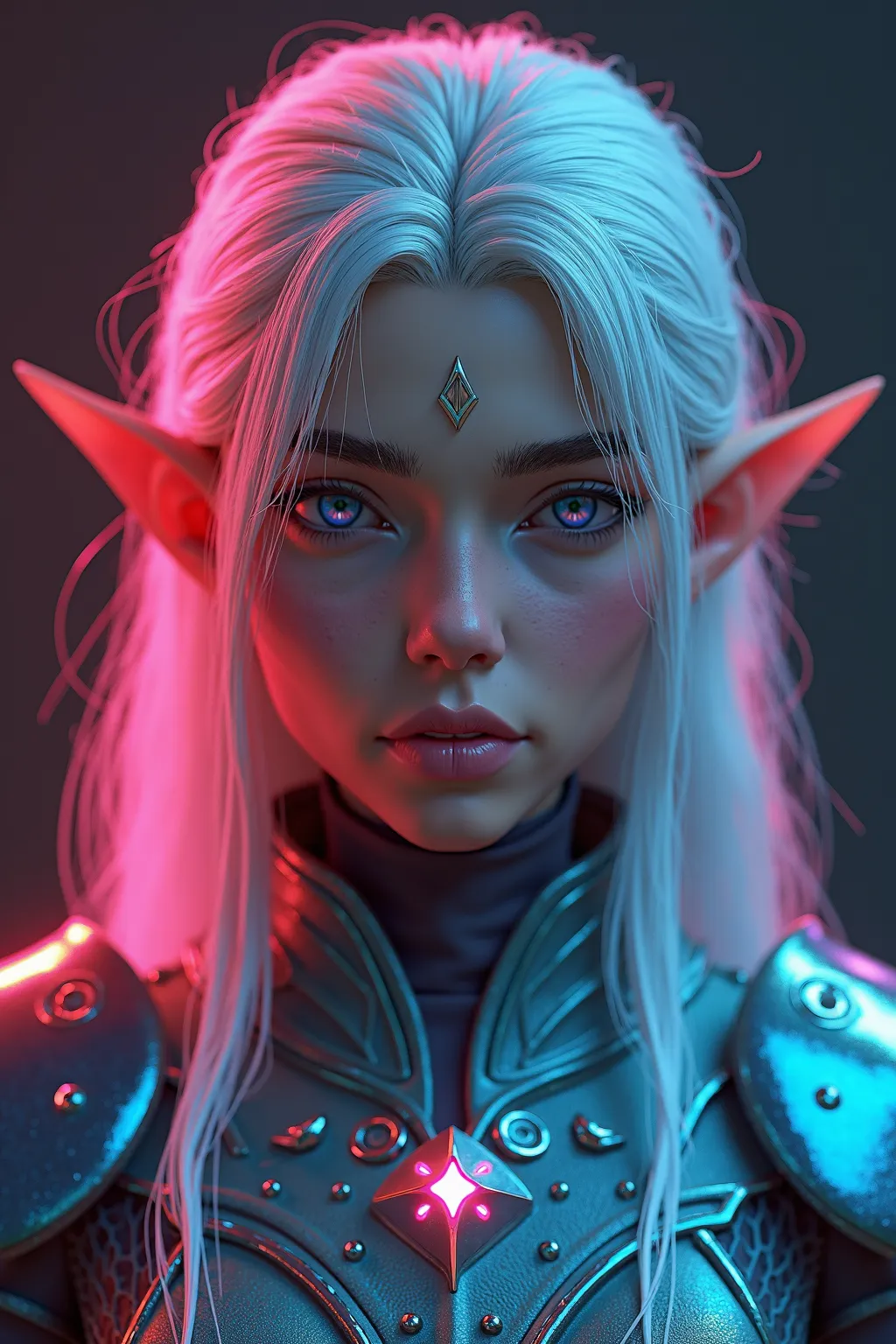 a close up of a person with long hair,  colorful light leather armor, trending on artstattion, slightly - pointed ears, pink and blue lighting, in game render, artistation render, dramatic lighting render, clean render, spiky elf ears