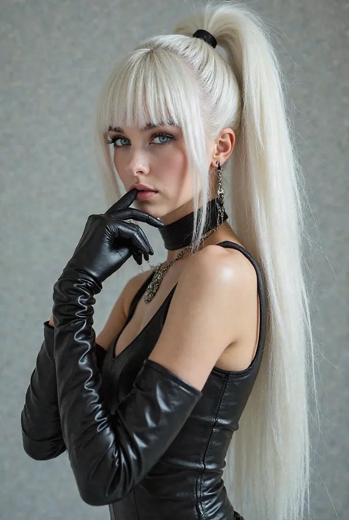 Beatiful woman, white hair, high ponytail and bangs, blue eyes, long leather gloves and thigh high boots. Full, body, image, 8k, masterpiece, highest quality, woman,  long, white, hair, bangs, black, long, black, leather, gloves, fair, skin, neutral, expre...