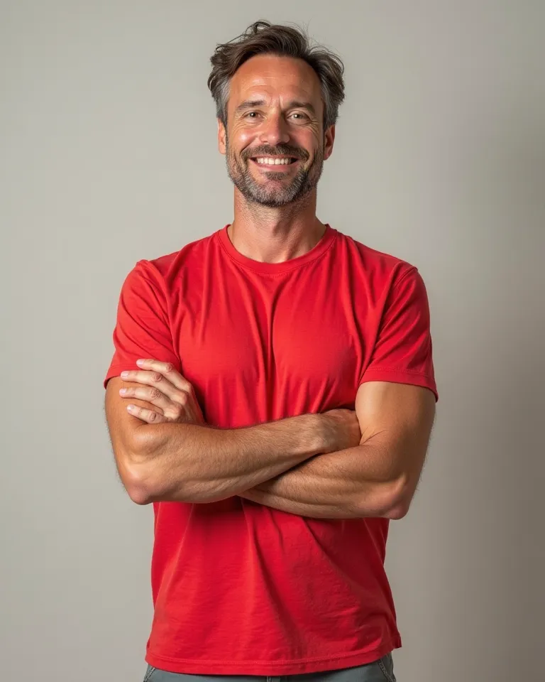 smiling French guy 40yo, regular body, with crossed arms, with a red T shirt & a  summer short. Realistic image. 