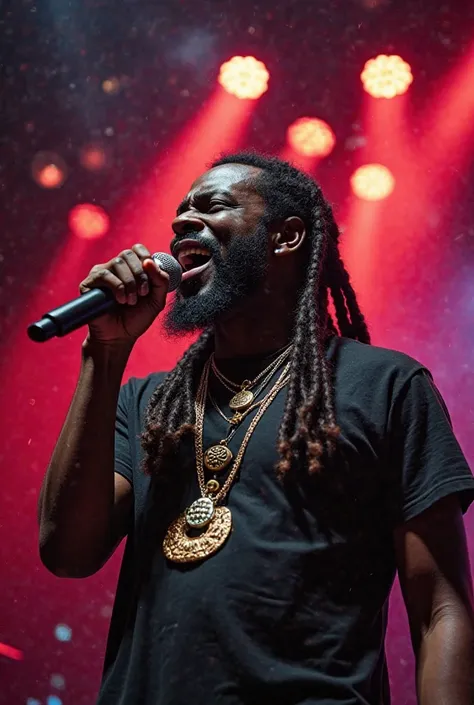 Dazzling and hyper-realistic image of a black man with well-defined long dreadlocks and traditional African necklaces, singing with emotion and intensity,  holding a microphone firmly .  He is at the center of the image , transmitting the energy and presen...