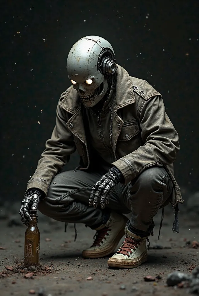 Make a drunk post-apocalyptic robot, Walking around squatting with a bottle in his hand, ALL star sneakers and leather jacket, Make him a little crazy,  with black background