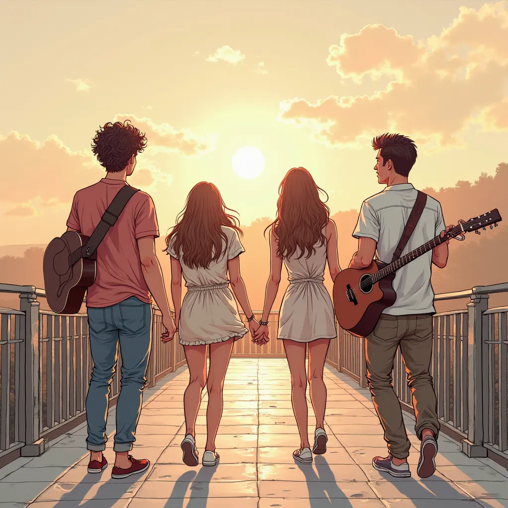 Four friends reunited at the bridge of a viewpoint during sunset. Two young men, both with guitars in hand, are smiling warmly at the two women approaching them. One of the men has short, curly hair, while the other has a slicked-back look. The women are w...