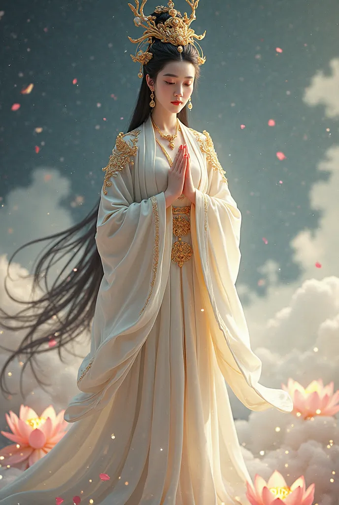 (masterpiece,focusing on beautiful face,drsgon girl,gentle,meditate,Highest quality,,8k,front view,High resolution),One Guan yin Goddess,,Beautiful Face,very Beautiful Face,stunning beautiful,dewy skin,intricate  luxurious bright white light flowing hanfu ...