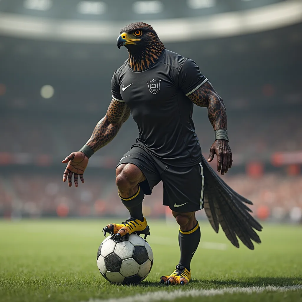 I want an ultra-realistic imposing muscular falcon with a plain black soccer team jersey and plain black shorts with a black boot with yellow details stepping on top of a soccer ball inside a soccer field 