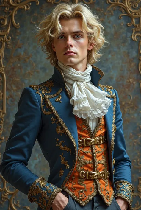 (absurd, High resolution, Super detailed), 1 young man, blue eyes，blonde hair in waves and layers. , Baroque, victorian clothing, long sleeve, elegant, rich and colorful, the most detailed, with boots.
