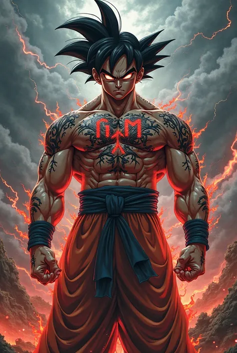 Devil goku on his chest is writing O G M