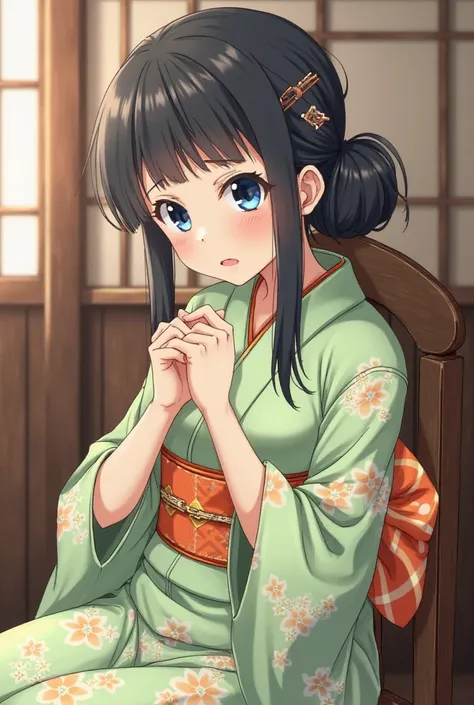  The girl with an hourglass figure,  chair is not tall,  black hair long , porcelain skin, plump lips, Blue eyes. The hair was gathered in a neat low bun, she decorated it with a pin pin, dressed in a soft pistachio-colored yukata, it depicts orange blosso...