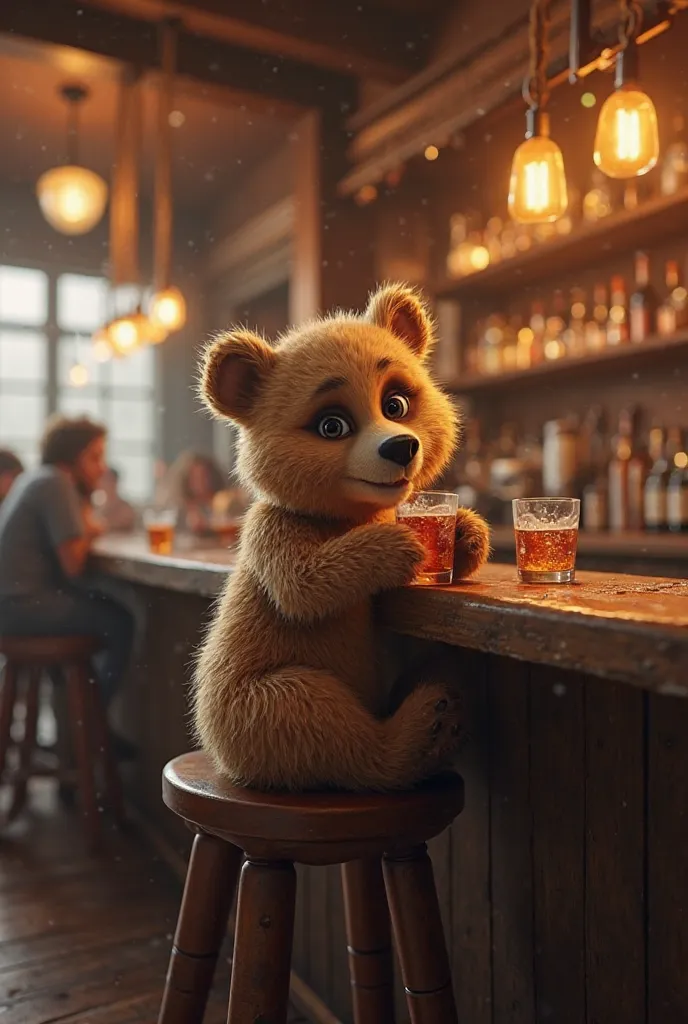 Little bear drinking at a bar 