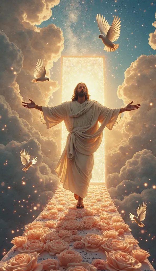 Upon a bridge of iridescent light stretching across the heavens, Jesus Christ walks with open arms, welcoming souls who have long wandered in darkness. Beside Him, doves sculpted from purest starlight soar, their wings scattering radiant blessings upon the...