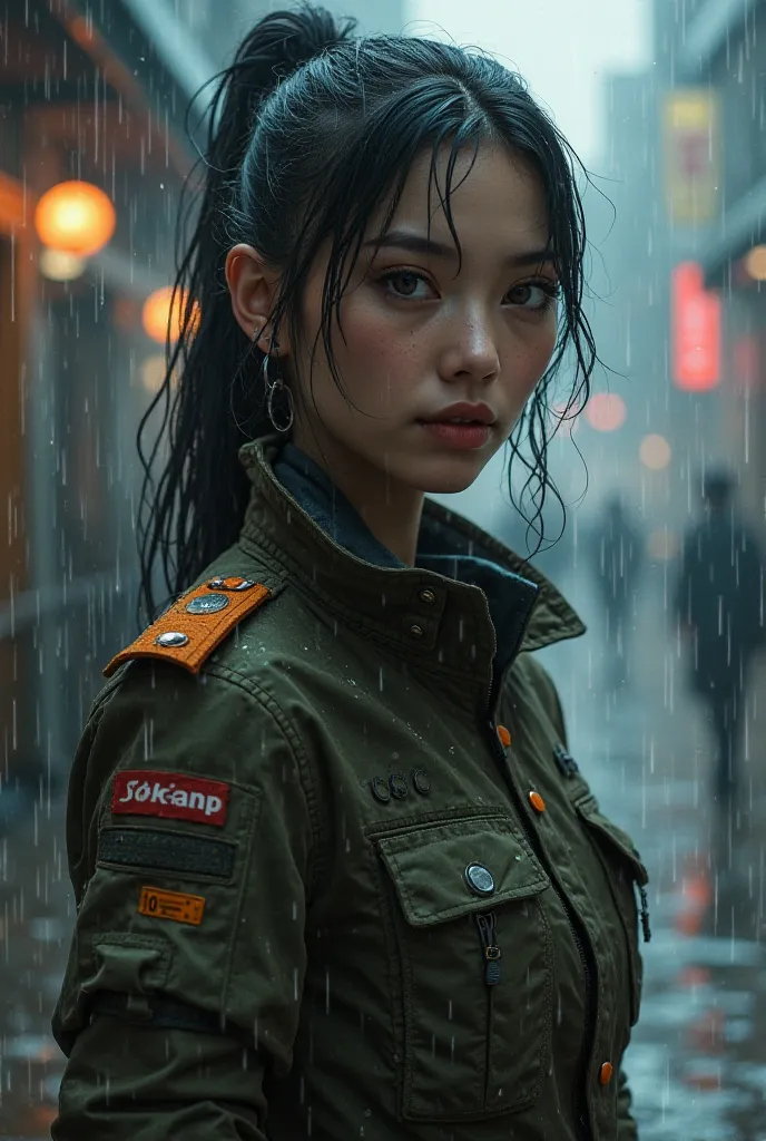 Informant in a cyberpunk world. Tight, glamorous body and well-shaped, beautiful face. Kind and somewhat bulky eyes. She wears her long hair tied back in a single knot. She is a very kind and sisterly person. She has lovely round eyes. Wears a military jac...