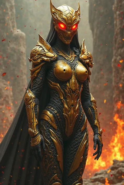 golden hell women armour.that armour perfectly fitting molding every gaps for women's body shape with curves with tretend.that armour's helmet eye is glowing red.