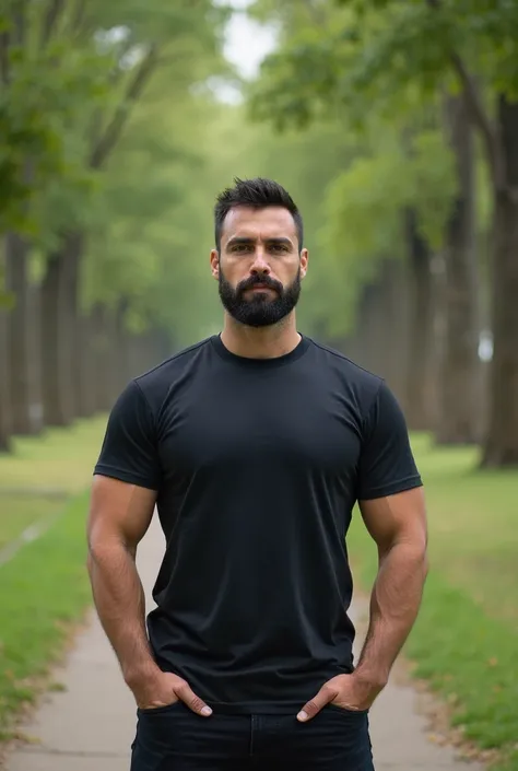 man, 30 years, muscular, short hair, black hair, short beard, alone, Police t-shirt on,  move to camera, in the park, in the middle of the picture, Face towards the park