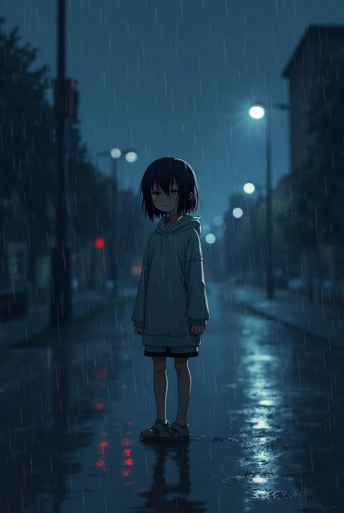 A sad anime-style illustration featuring a lonely character standing in the middle of an empty street at night, crying. Raindrops fall heavily, soaking their clothes and hair. Their face is partially hidden by shadows, but tears can be seen streaming down ...