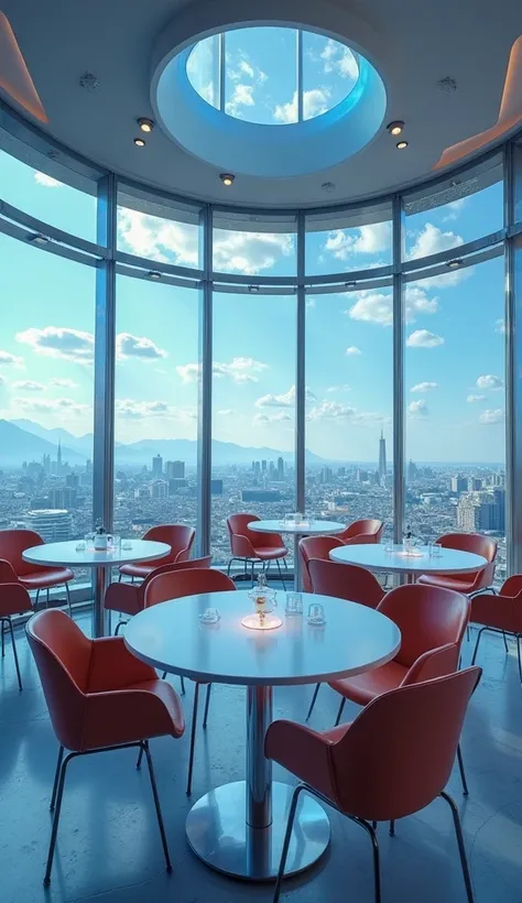 The inside of the Zero Gravity Cafe。Everything floats in zero gravity。round table and chairs that float in the air in zero gravity。People also float in zero gravity。is floating around。the wall looks like shiny glass、A view of the city spreads out outside。r...