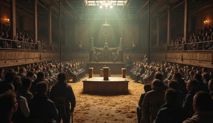 An auction stage, with a wooden platform, with some prison cells that hold animals from 1,80m standing, captured with the Hasselblad H6D 400c Multi Shot. There are no animals in the photo. The auctioneer has an ominous tone, as if it were belong to a greed...